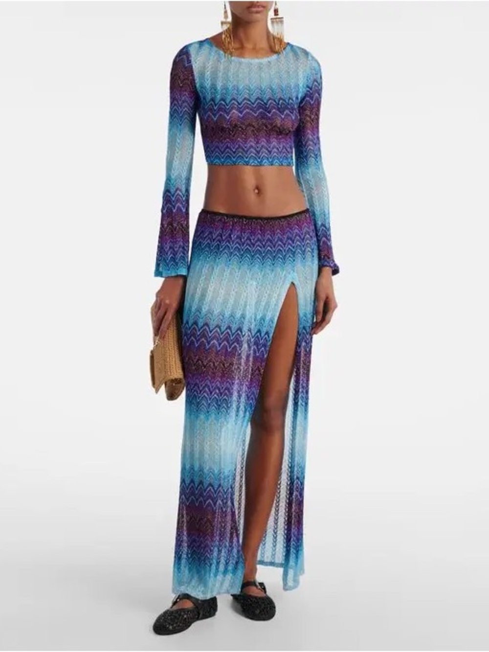 New Missoni Dress Skirt Set Co-ord Blue Purple Chevron Knit Two-Piece Long Maxi